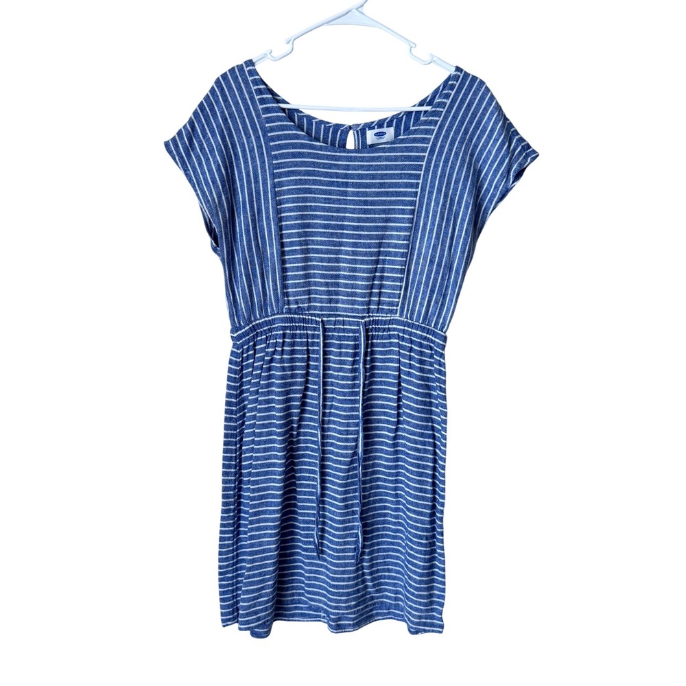 Old Navy Blue White Striped Linen Blend Drawstring Mini Dress Medium